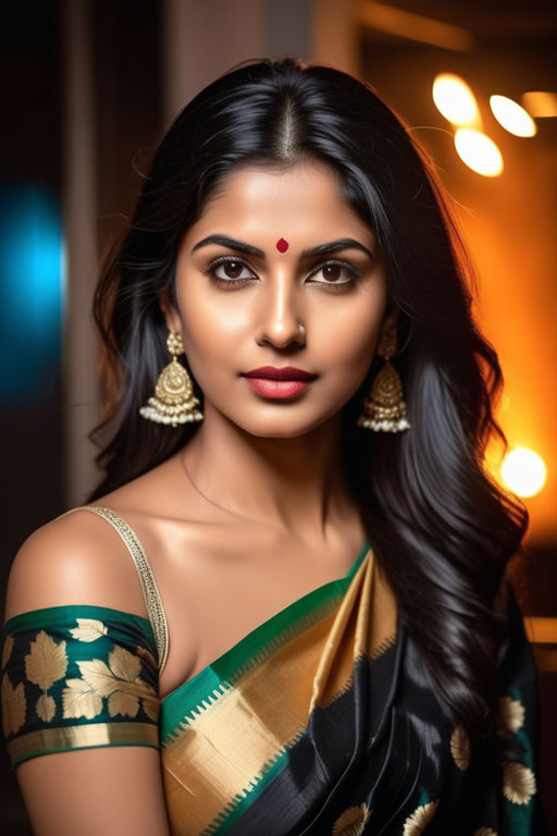 Very charming Indian female wife in saree and tight blouse nightly  background. She should be square-faced and smiling a little. - Playground