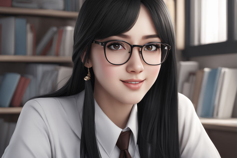 Anime girl with black hair and giant boobs popping out of a white button  down shirt with glasses - Playground