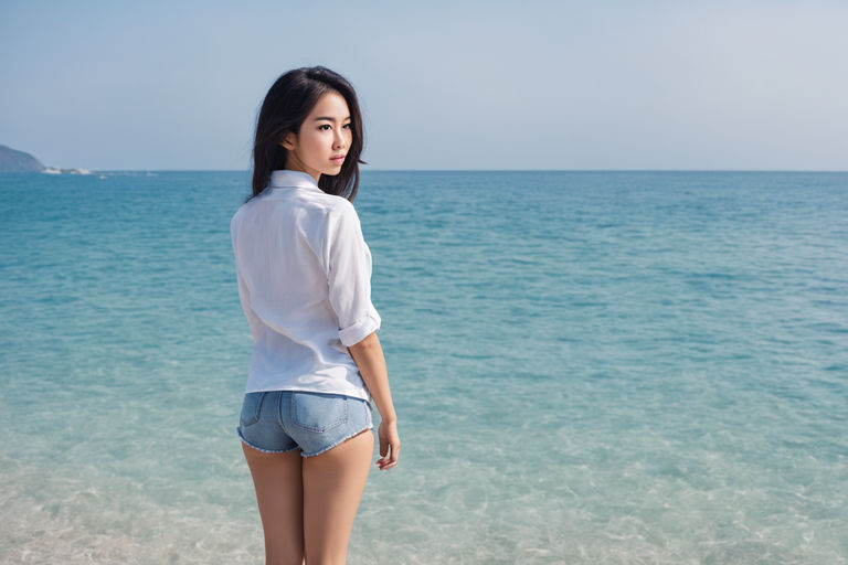 Chinese woman with short hair wearing a short blue sarong and sandals  walking in a beach town - Playground