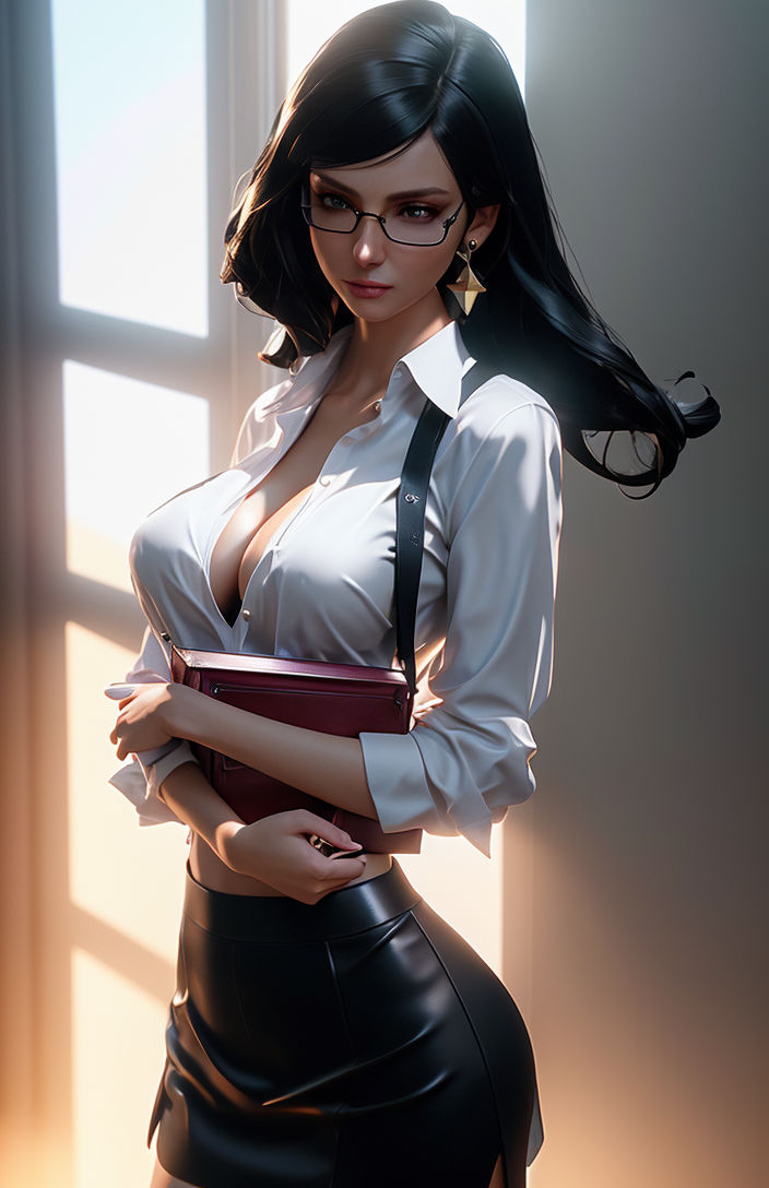 Anime girl with black hair and giant boobs popping out of a white button  down shirt with glasses - Playground