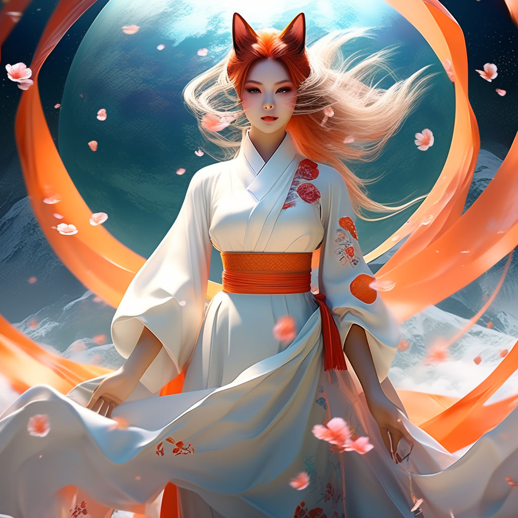 Anime Girl with Kitsune Fox Mask and Cherry Blossoms · Creative Fabrica