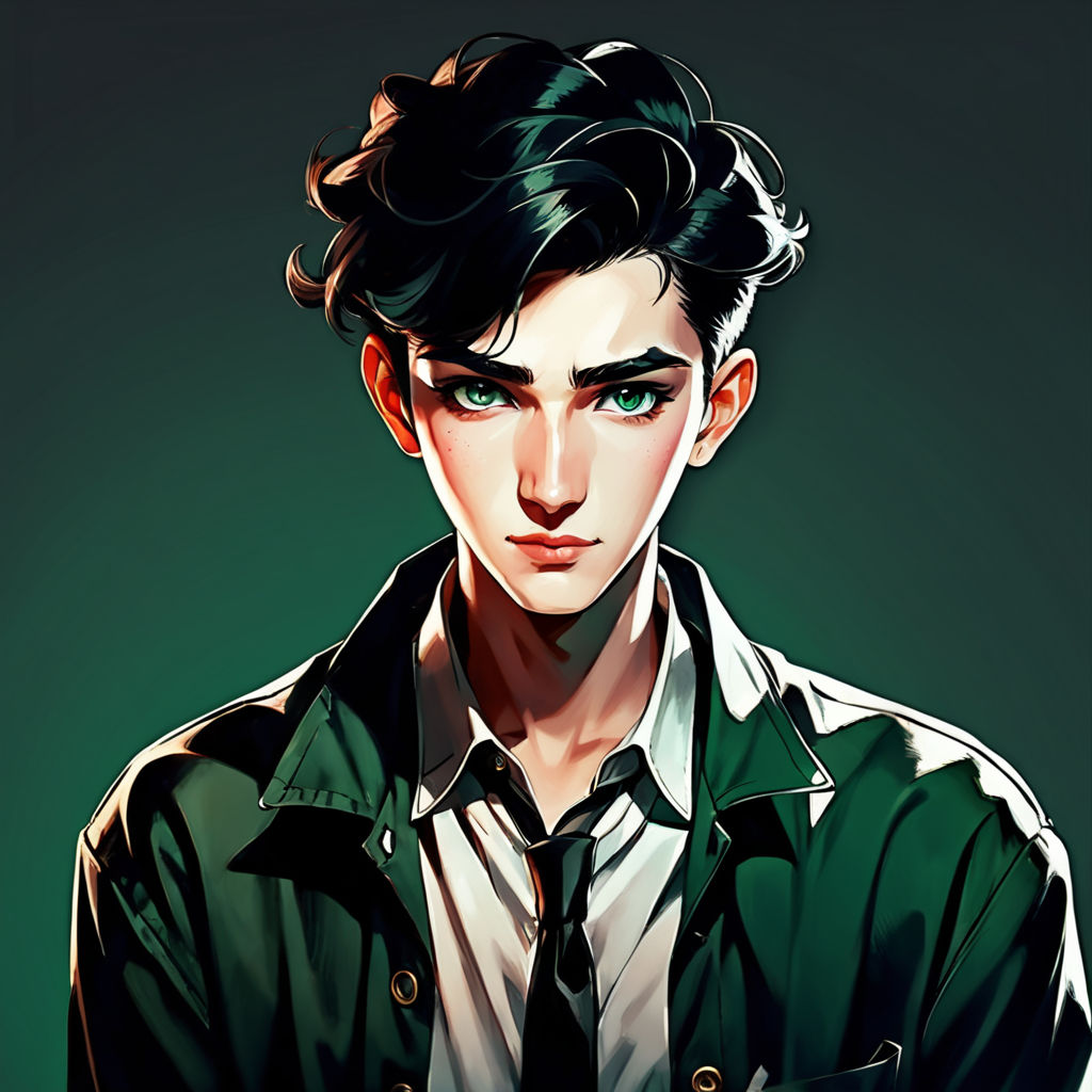 Young man, green eyes, black hair, short hair, in the anime style