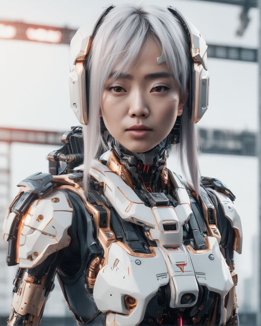 Photo of Futuristic high-fashion portrait of a woman with android doll look  in a sci-fi fiction
