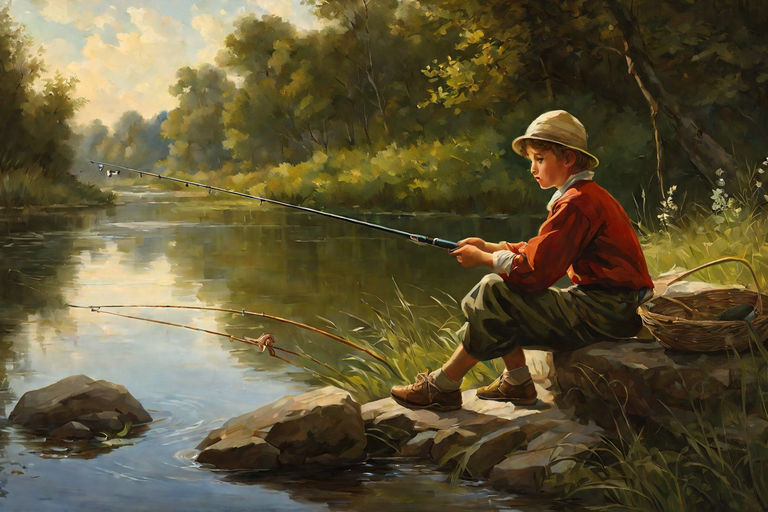 in a Norman Rockwell style a young boy and his dad fishing in a pond -  Playground