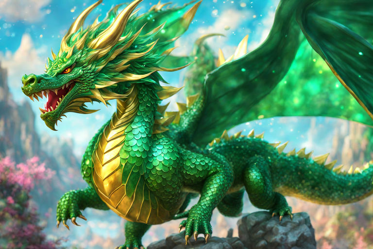 Green Dragon in the cave, the lord of dragons, has good platinum scales,  bright eyes, and is surrounded by dazzling gold and green lights.  generative ai Stock Illustration