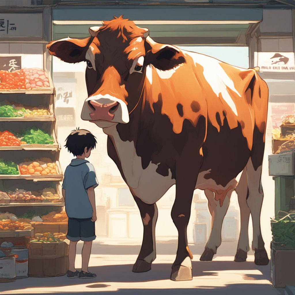 Prompt: a boy and his mother were poor . go to the market and sell our last cow .say boy mother .please got a good price, golden ratio, fake detail, trending pixiv fanbox, acrylic palette knife, style of makoto shinkai studio ghibli genshin impact james gilleard greg rutkowski chiho aoshima