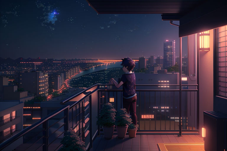 Anime girl, sunset, clouds, long hair, balcony, stars, Anime, HD wallpaper  | Peakpx