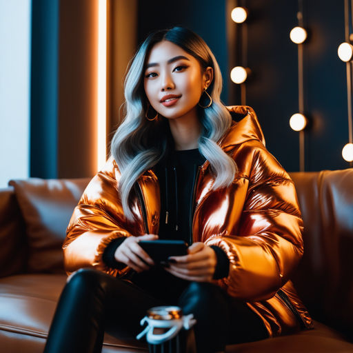 Well lit fashion portrait in a cold snowy day of a woman wearing a metallic  inflatable oversized bubble puffer jacket designed by moncler and  balenciaga, in desert sharp focus, clear, intricate, cinematic