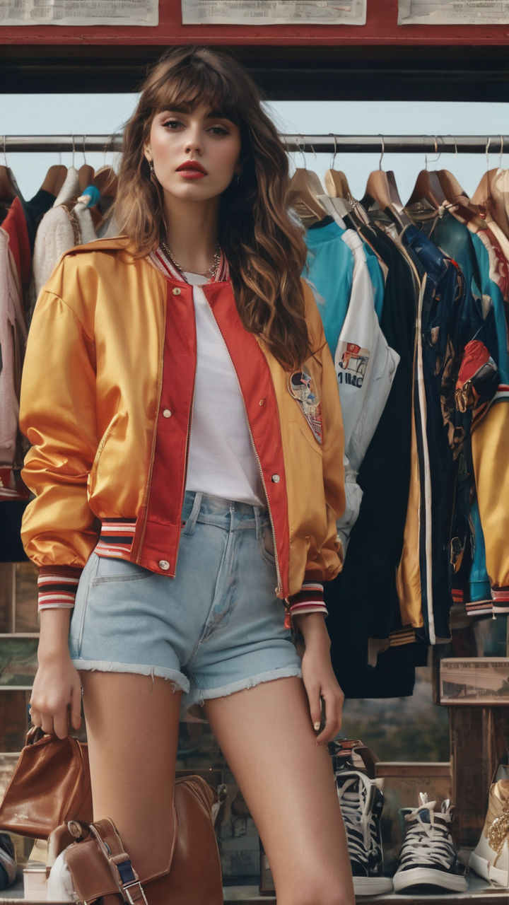 Back in time 90s 80s. Stylish girl in retro colourful vintage coat, orange  leggings, and purple body, fashion trends, entertainment. 80's Fashion  woman over pink background. Beautiful athletic girl. Stock Photo