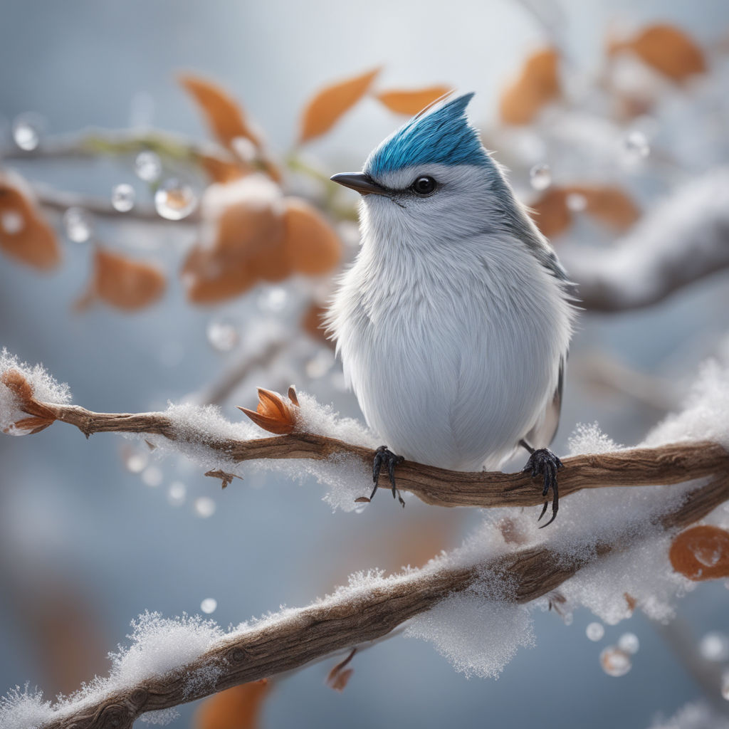 Snow winter with cute songbird. Bird Blue Tit in forest, snowflake and nice  lichen branch. First