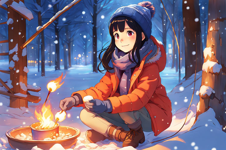 Romantic Anime Couple by a Campfire