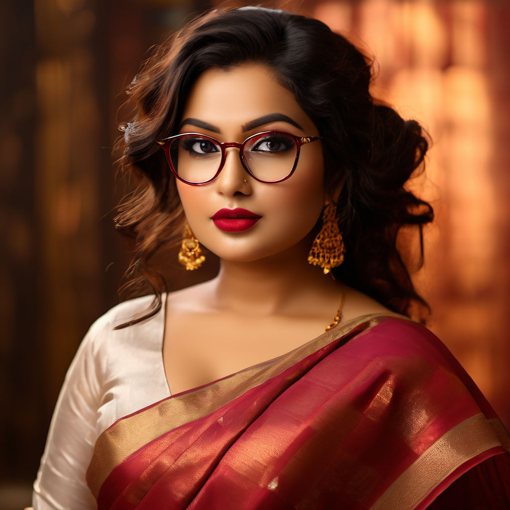 Design help for plus size modern well endowed tall Bengali woman with plump  lips and heavy makeup wearing deep cut bikini halter sleeveless blouse with  bra like fitting and low tied red