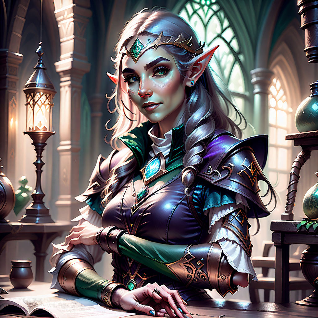 Female elf seated in a café - Playground