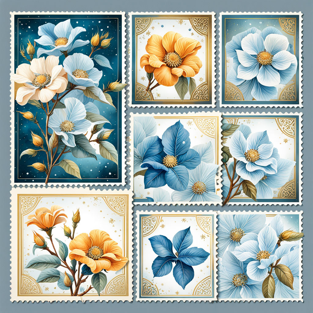 a rendering of a collage sheet of realistic details of vintage postage  stamps depicting botanical illustration - Playground