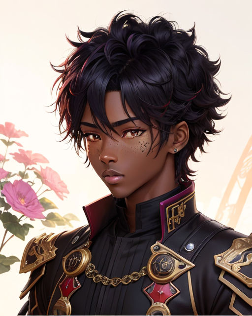 Tokyo ghoul anime style male african american character with extra dark  brown skin with black hair short afro
