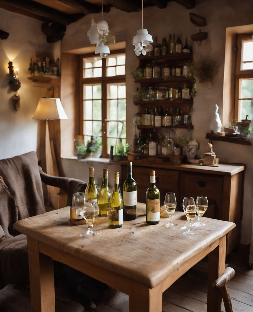 pair of different glass sizes and wines, red and white wine glasses on  wooden furniture table close up selective focus, vineyard farmhouse patio  view Photos