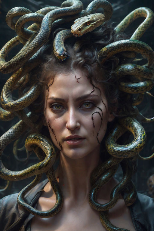 full body shot of Medusa snakes hair goddess. snake skin. fangs. snake  eyes. High detail. intricate. 32k. hyperrealistic. full color. 16 million  colors. HDR. Ancient Greece background. VERY HUGE - Playground