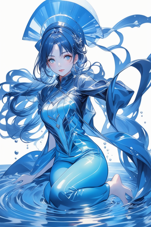 Light blue haired girl, normal height, water powers, cool water suit,  goddess, shy looking expression, nice girl, anime-like style