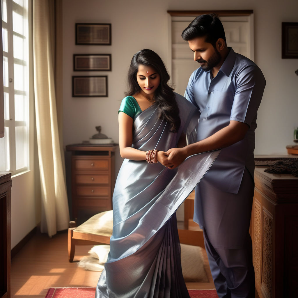 Indian tamil pregnant couples wearing full saree & vesti shirt