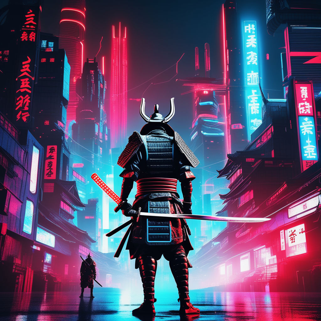 Samurai overlooking a neon-lit cyberpunk city