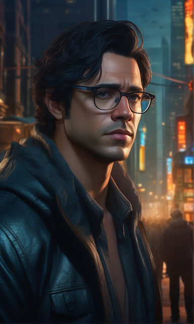 Anime cyberpunk male with pink hair and glasses standing in city