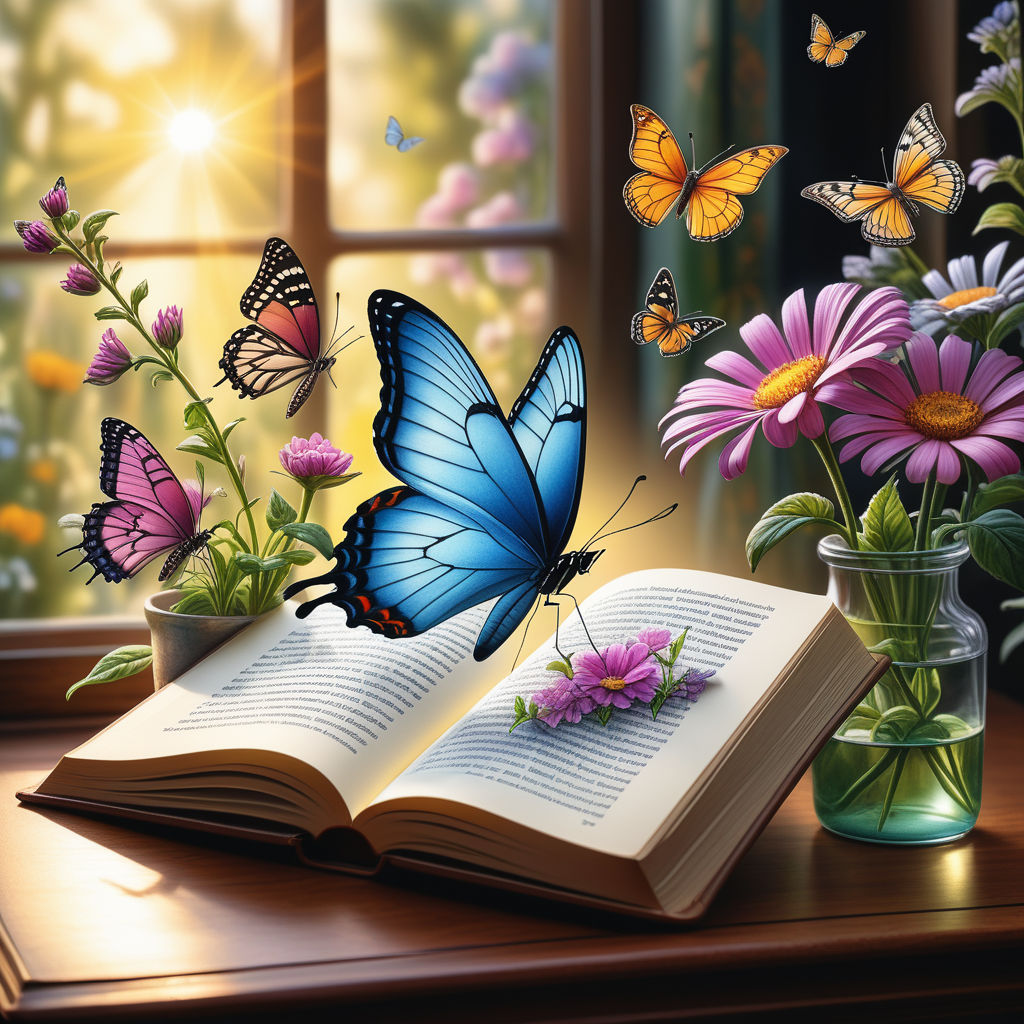 Open magic book with growing lights, magic powder, butterflies