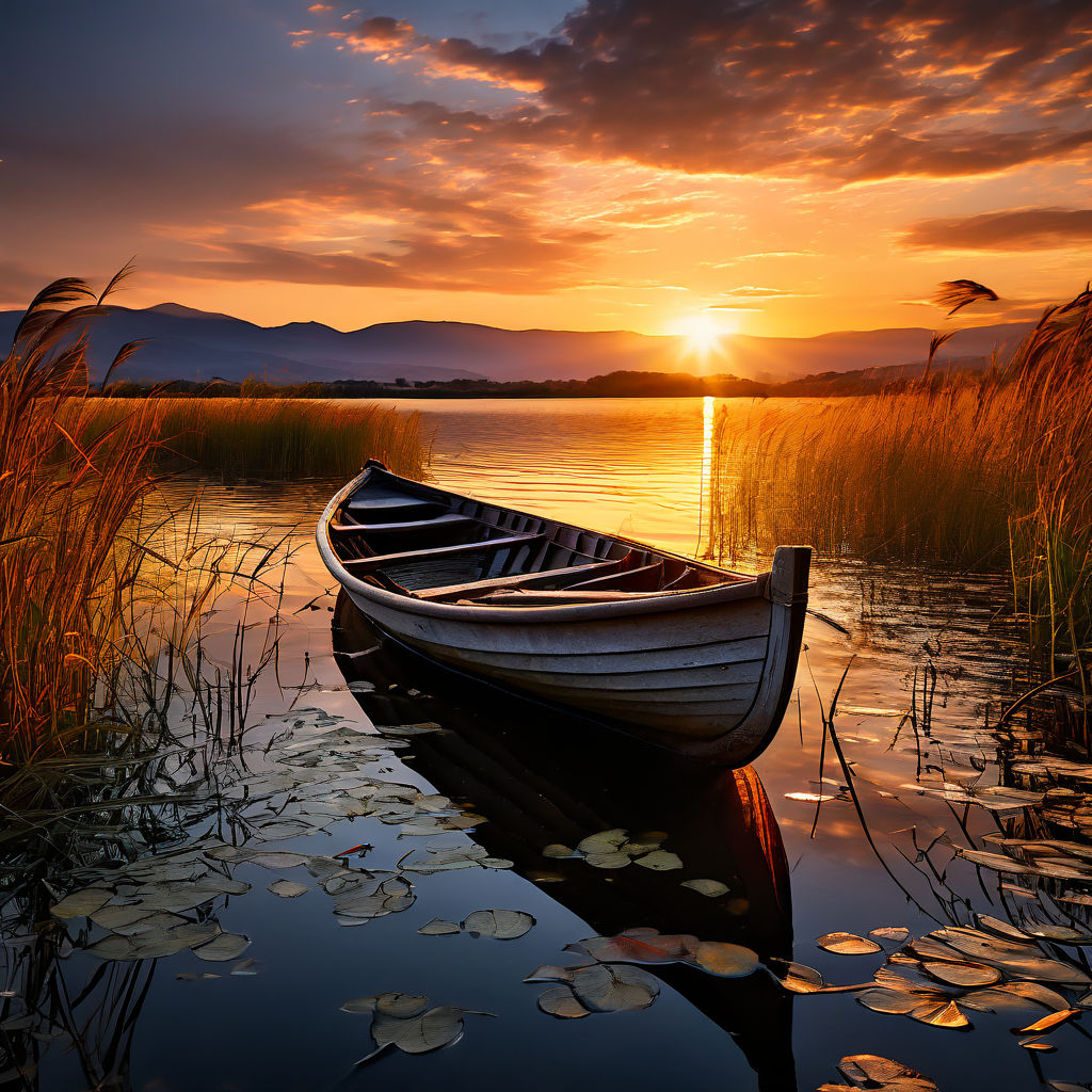 Wooden Old Fishing Boat On River At Sunset Photo Background And