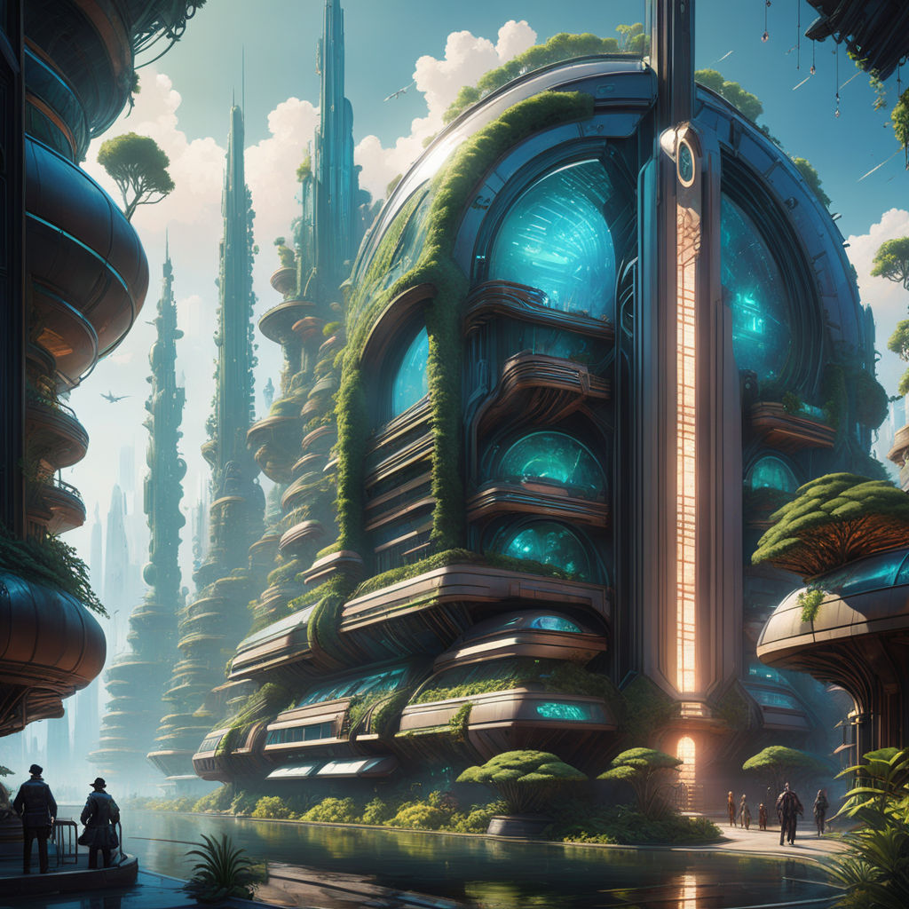 Sci-Fi, Futuristic Solarpunk ECO-City, Detailed, Hanging Gardens