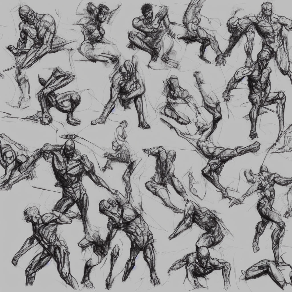 anime dynamic action poses sketch sheet, trending on