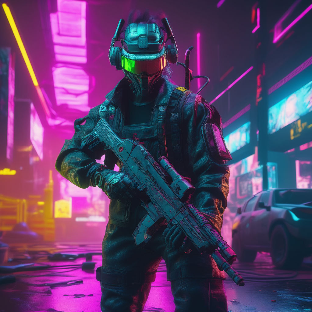 Wallpaper Car, Gun, Neon, Man, Cyberpunk, Futuristic for mobile