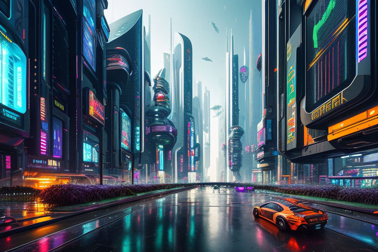 Cyberpunk city street. Sci-fi wallpaper. Futuristic city scene in