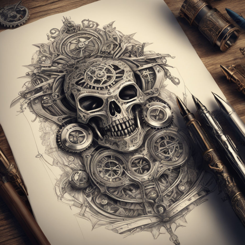 steampunk skull, logo concept black and white color, hand drawn