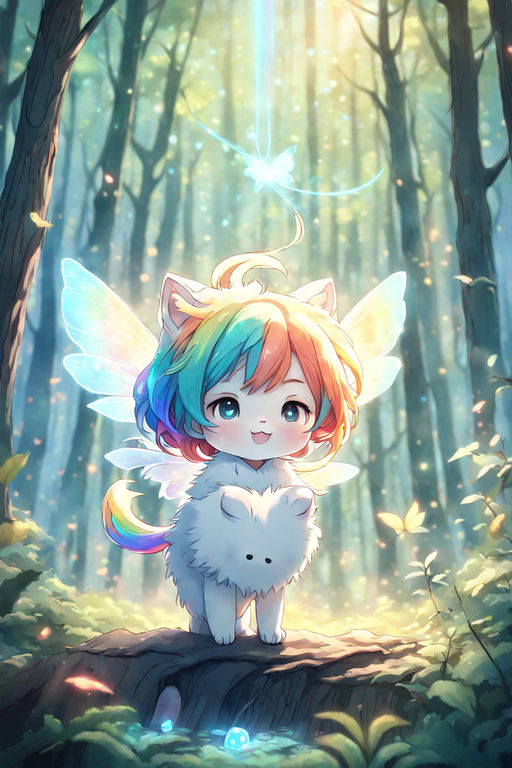 Cute Chibi style Kawaii Anime Girl with Fox Ears and Tails Digital