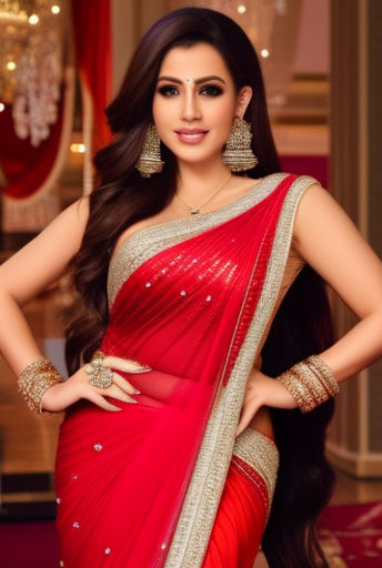 Design ideas for full figured urban modern Bengali woman wearing  transparent red chiffon saree and deep neck halter sleeveless bikini style  blouse looking like a bra with very very deep armholes fashion 