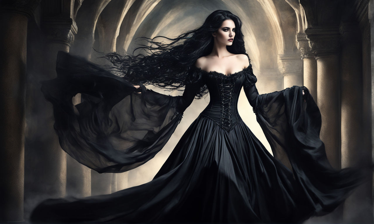 A gothic lady, adorned in a stunning black dress and corset