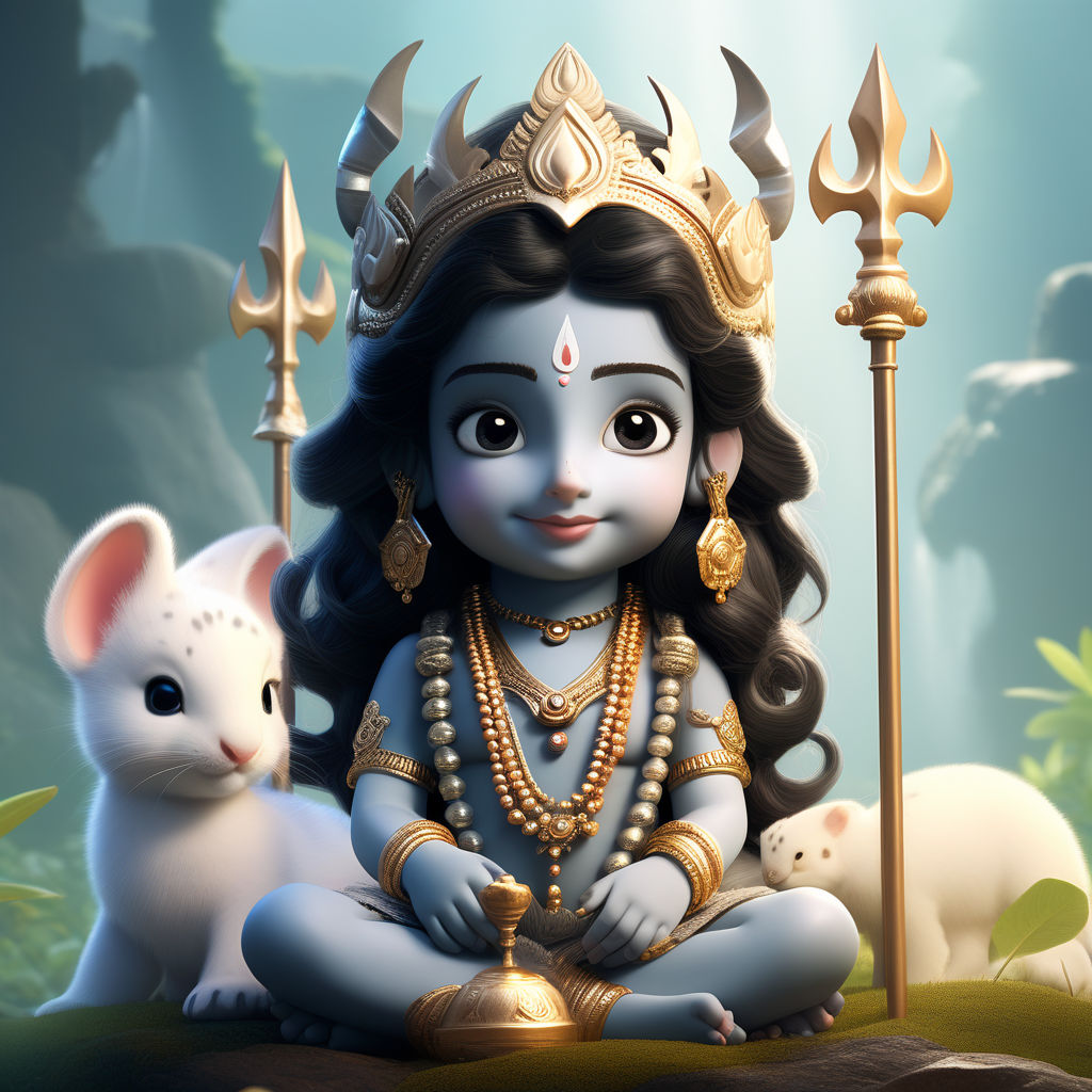 Anime sanatani hindu girl, face: cuteness and smiling with lord Shiva sign  on head, eyes: cute and blue colour, clotheodern clothes blue colour, hair:  half black and half blue with best hairstyle -