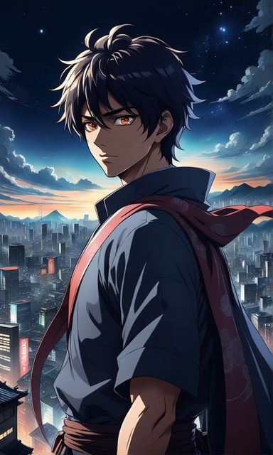 Dark anime male, on building rooftop, detailed backg