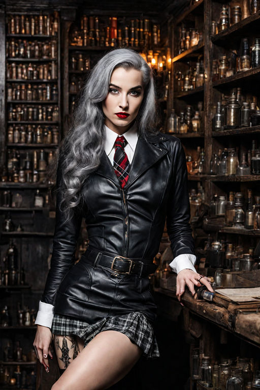 wearing a black leather botoned opened shirt black leather corset