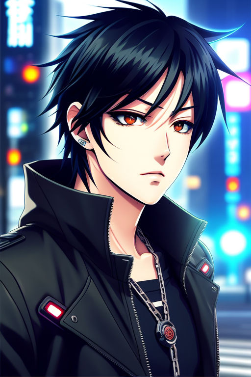 anime boy with black hair and red eyes