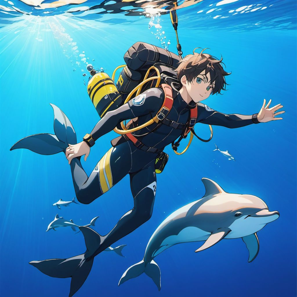 Anime boy ware swimming wetsuit with scuba regulator standing in spaceship