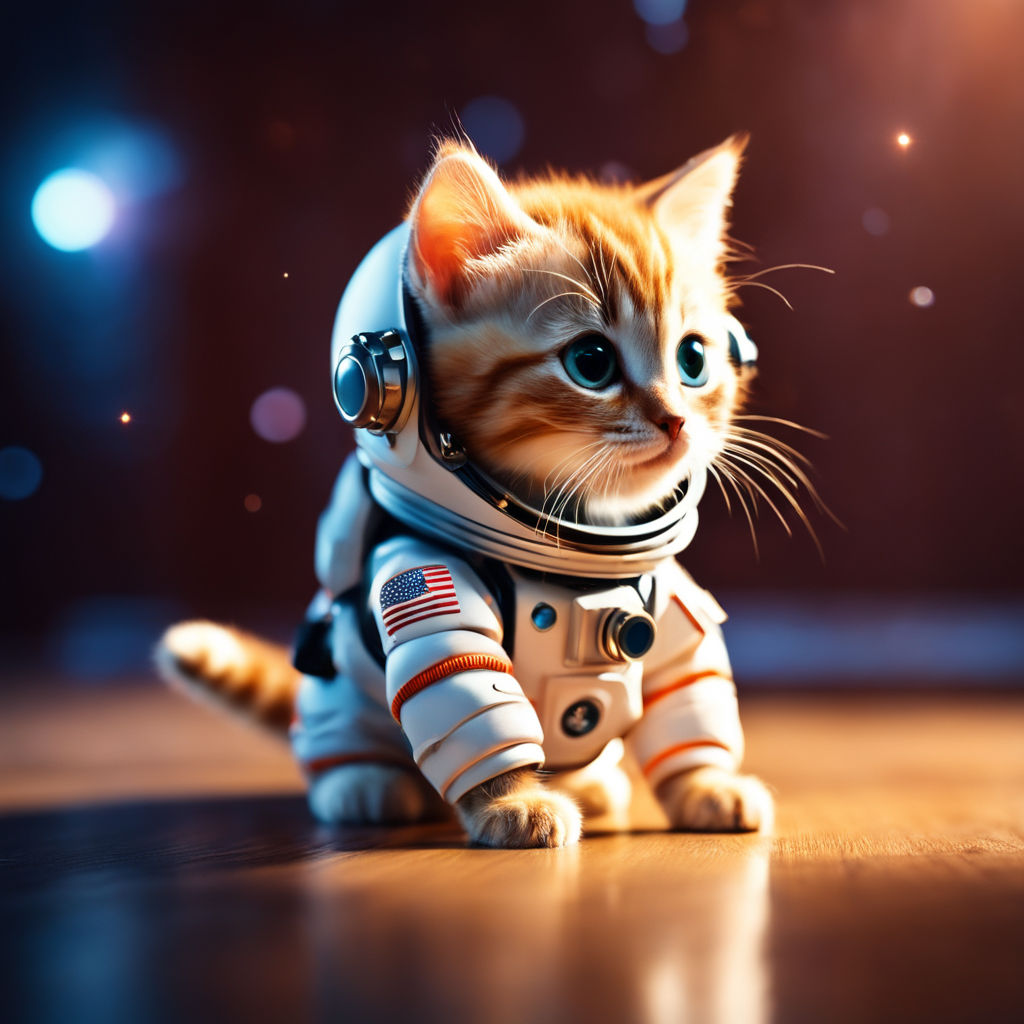 with pink and bluish tones. The cat is wearing an astronaut suit and has a  curious expression on his face. - Playground