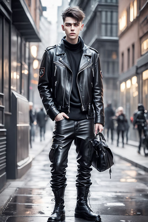 Young woman in black leather pants on the street. Womens Trendy