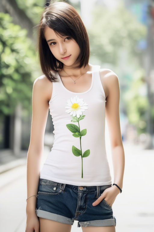 young slim teen with small breast white flower tank top - Playground