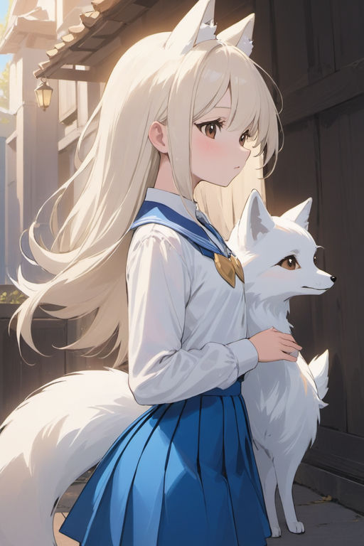 Cute white anime fox with blue eyes