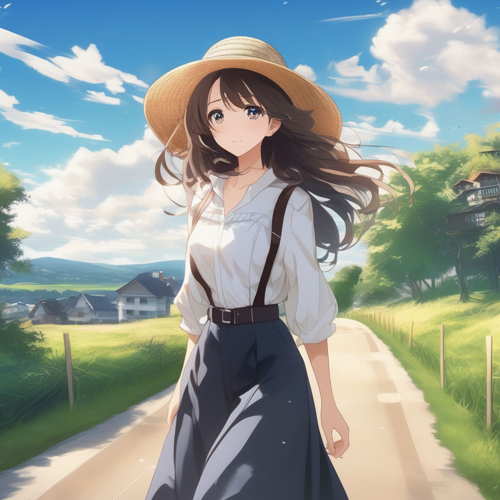 A cute anime grandma with a straw hat and blue/white cloth clothes