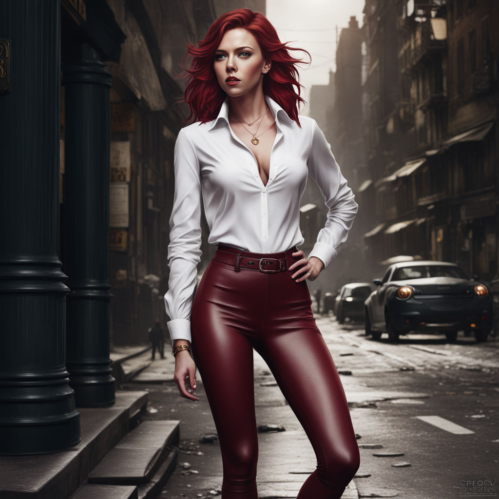 Red-haired Scarlett Johanson with a white shirt and a burgundy latex  leggings in a room. Full body picture. - Playground