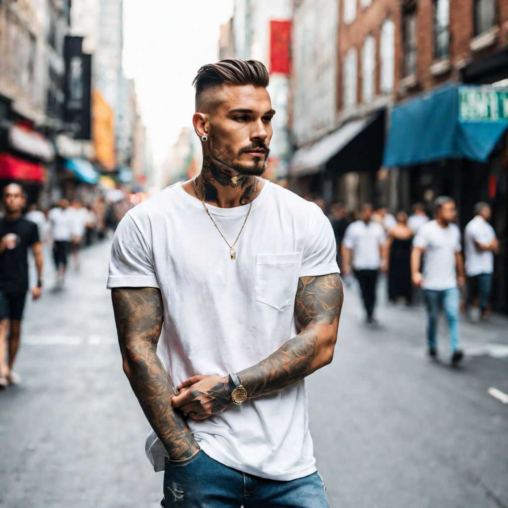 Man with tattoo design on skin. Bearded man with muscular torso. Fashion  model with leather belt in jeans. Sportsman with tattooed arm and chest.  Bodycare with fitness and sport Stock Photo |