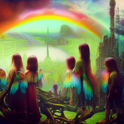 Prompt: children, ethereal, heaven, dreamy, rainbow, , sf, intricate artwork masterpiece, ominous, matte painting movie poster, golden ratio, trending on cgsociety, intricate, epic, trending on artstation, by artgerm, h. r. giger and beksinski, highly detailed, vibrant, production cinematic character render, ultra high quality model