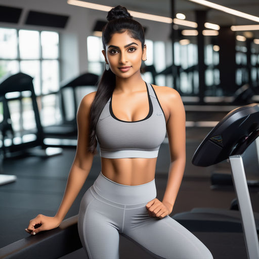 A beautiful Indian woman in sports bra and yoga pants posing for