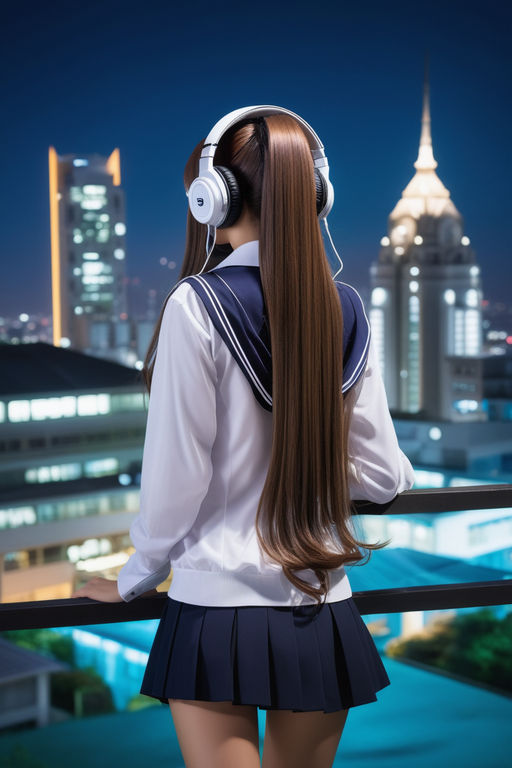 dark back view of girl with long hair and black leggings anime style -  Playground